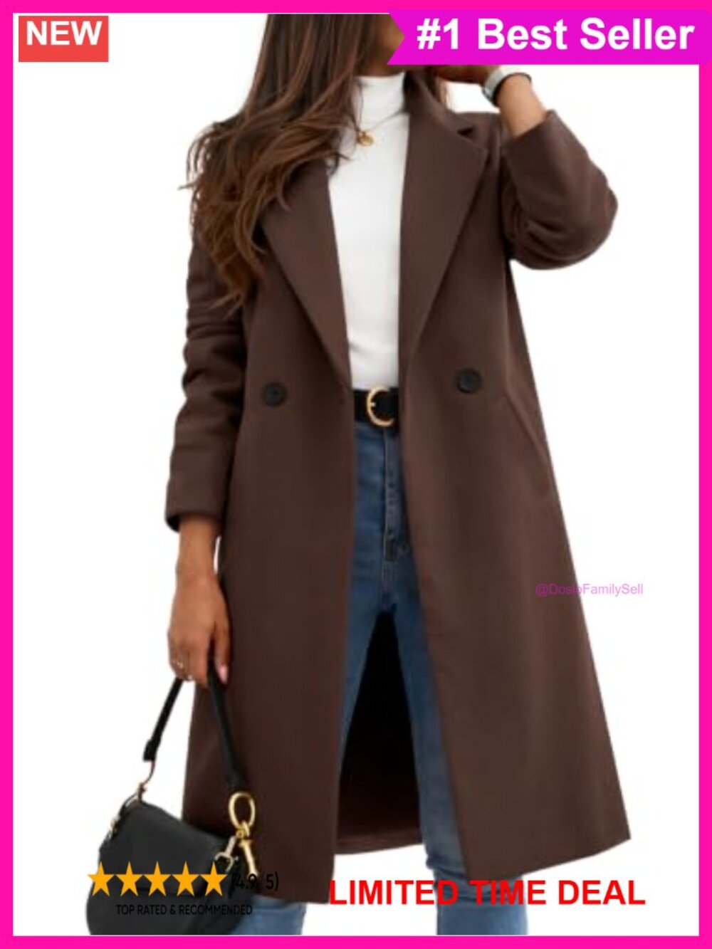 Women's Winter Wool Blend Peacoat Notch Lapel Mid Length Overcoat